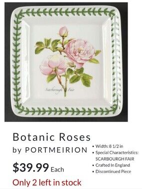 Portmerion Botanic Garden Scarbourgh Fair Roses 8 1/2" Square Plate EUC